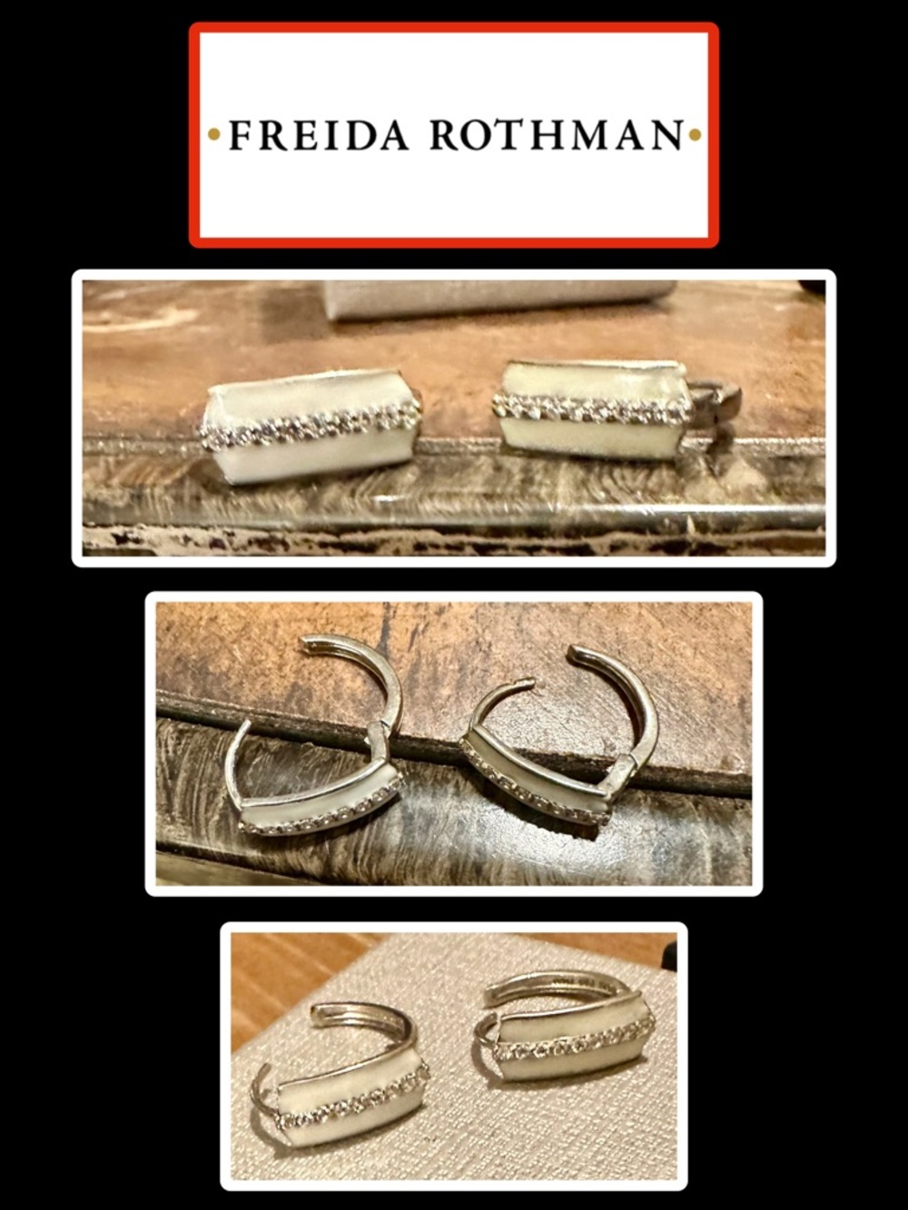 NWOT - Freida Rothman white Enamel Huggie Earrings with Pave Crystals